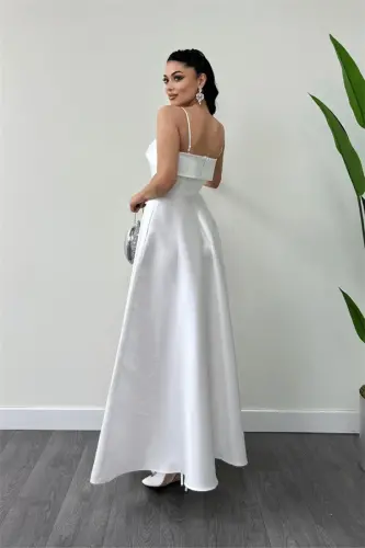 Taffeta Satin Fabric Strappy Evening Dress - WHITE - 5