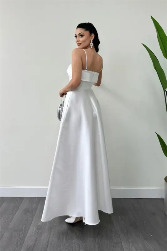 Taffeta Satin Fabric Strappy Evening Dress - WHITE - 5