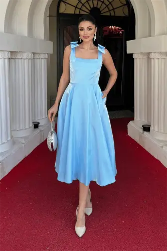 Taffeta Satin Fabric Strappy Midi Dress with Pockets - BABY BLUE - 1