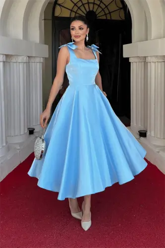 Taffeta Satin Fabric Strappy Midi Dress with Pockets - BABY BLUE - BÜYÜKBEDENIZ (1)