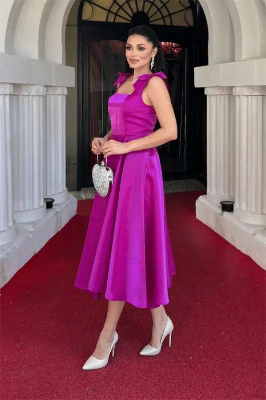 Taffeta Satin Fabric Strappy Midi Dress with Pockets - FUCHSIA - 2