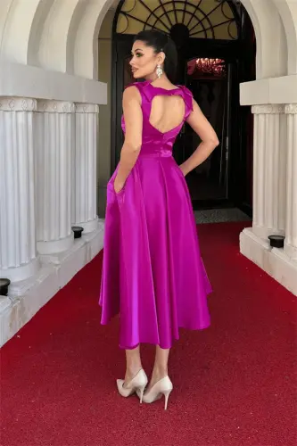 Taffeta Satin Fabric Strappy Midi Dress with Pockets - FUCHSIA - 5