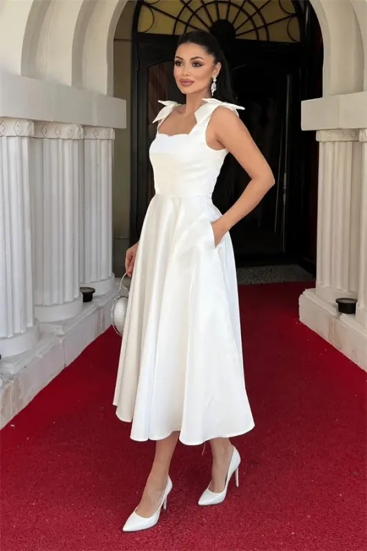 Taffeta Satin Fabric Strappy Midi Dress with Pockets - WHITE - BÜYÜKBEDENIZ