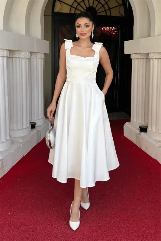 Taffeta Satin Fabric Strappy Midi Dress with Pockets - WHITE - 2