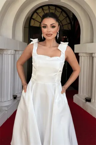 Taffeta Satin Fabric Strappy Midi Dress with Pockets - WHITE - 3