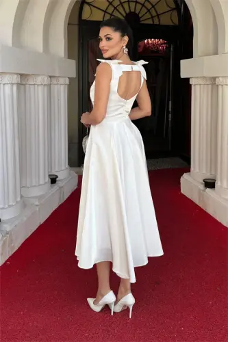 Taffeta Satin Fabric Strappy Midi Dress with Pockets - WHITE - 5