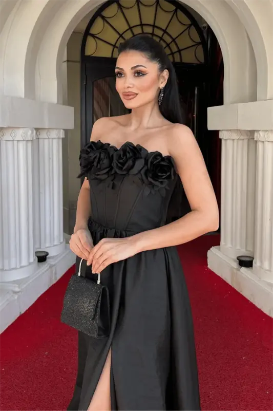 Tafta Mato Gul Balen Detalli Abiye Ko'ylak - QORA - 4