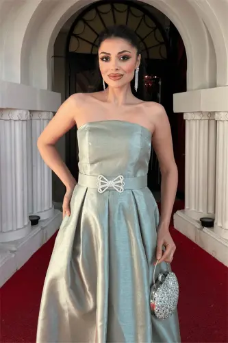 Tafta Saten Mato Straplez Midi Ko'ylak - HOKI YASHIL - 3