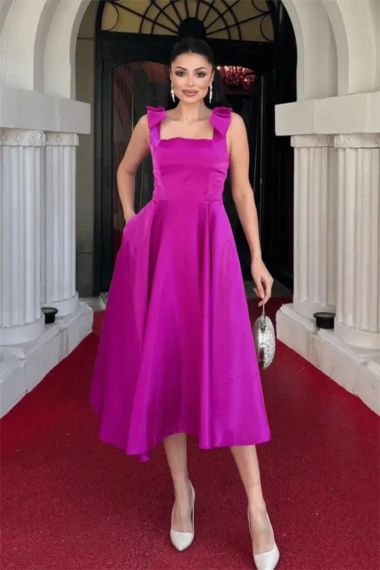 Tafta Saten Matodan Yasalgan Oʻrama Choʻntakli Midi Koʻylak - FUCHSIA - 1