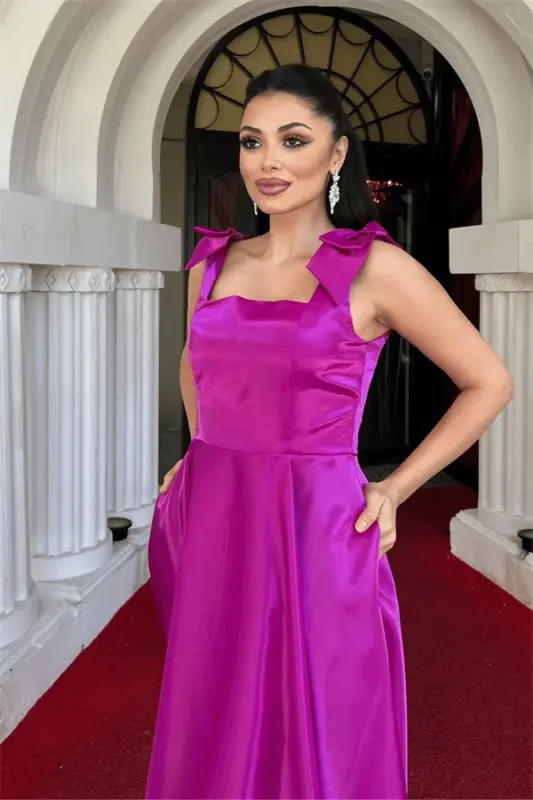 Tafta Saten Matodan Yasalgan Oʻrama Choʻntakli Midi Koʻylak - FUCHSIA - 3