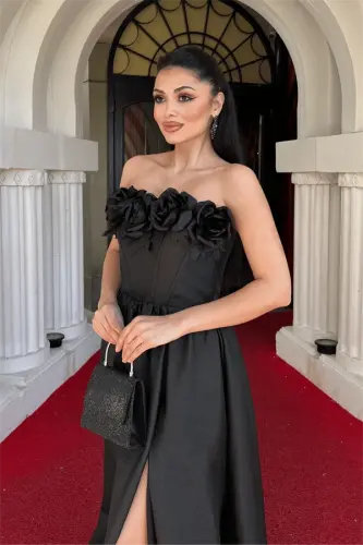 Тафтовое Платье с Розами и Корсетом - ЧЕРНЫЙ - 4