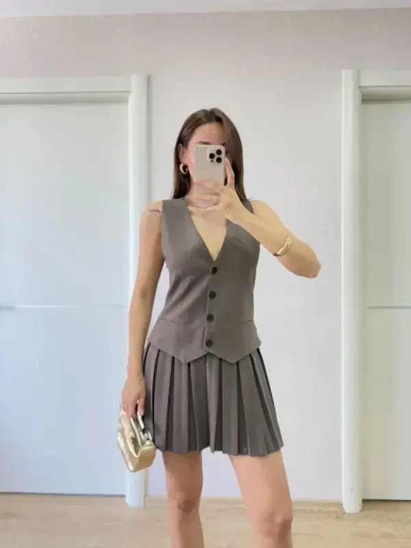 Takım Görünümli Yelekli Mini Ko'ylak - Füme - 3