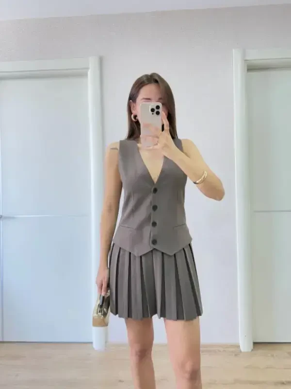 Takım Görünümlu Yelekli Mini Elbise- Füme - 2