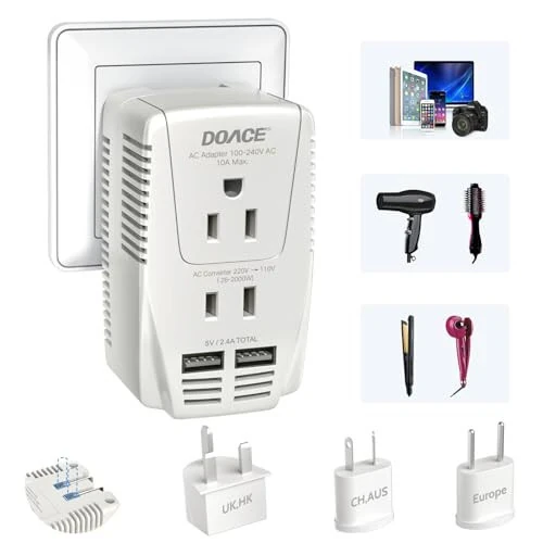 Takomillashtirilgan DoAce C11 2000W Sayohat Voltaj Konvertori Soch Quritgich To'g'rilagich Buqlama Temir uchun, Pastga Pasaytirish 220V dan 110V gacha, 10A Quvvat Adaptori 2 USB va EU/UK/AU/US vilkalari bilan Noutbuk Kamera Mobil Telefon uchun - DOACE