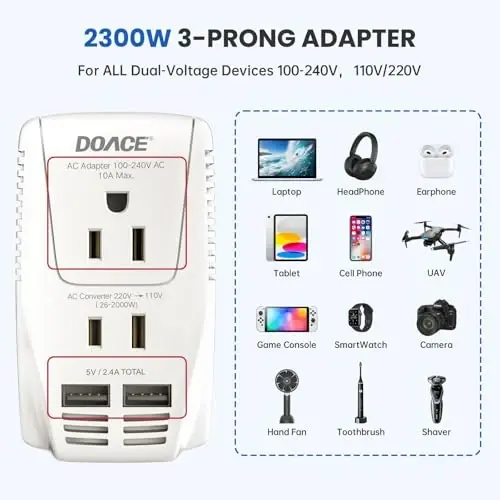 Takomillashtirilgan DoAce C11 2000W Sayohat Voltaj Konvertori Soch Quritgich To'g'rilagich Buqlama Temir uchun, Pastga Pasaytirish 220V dan 110V gacha, 10A Quvvat Adaptori 2 USB va EU/UK/AU/US vilkalari bilan Noutbuk Kamera Mobil Telefon uchun - 3
