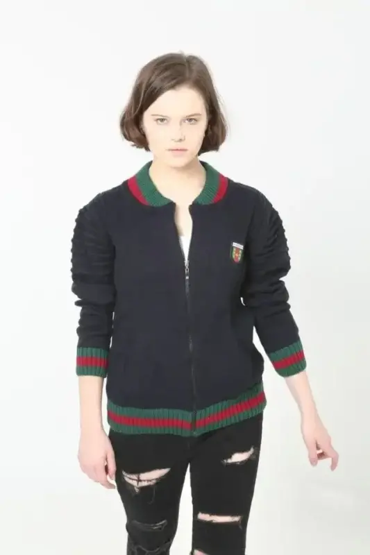 Tam Fermuarlı Triko Hırka - Lacivert - BÜYÜKBEDENIZ