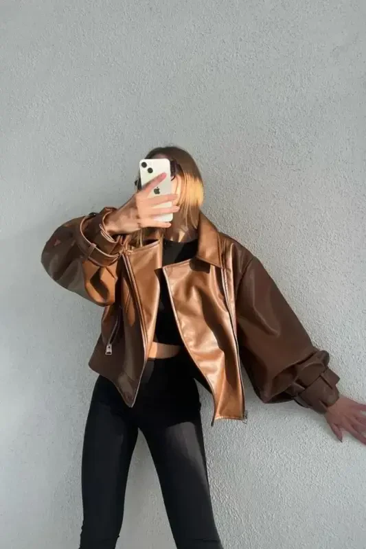 Tan Balloon Sleeve Leather Jacket-Tan - GENEL MARKALAR