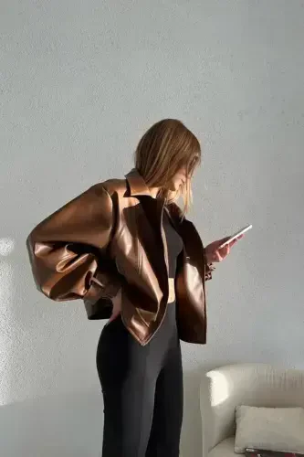 Tan Balloon Sleeve Leather Jacket-Tan - GENEL MARKALAR (1)