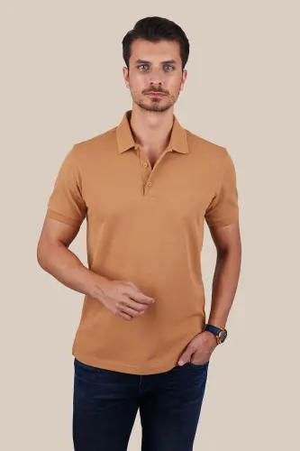Tan Collar Patterned Men's Polo Neck T-Shirt-Tan - 4