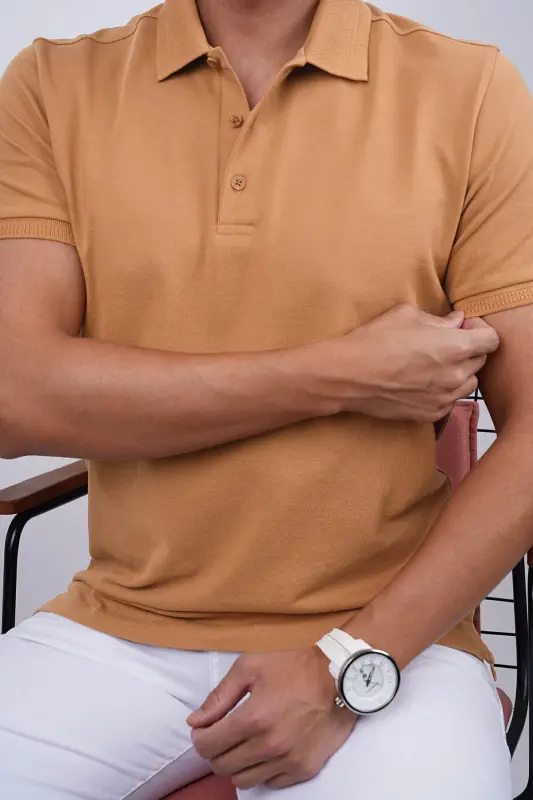 Tan Collar Patterned Men's Polo Neck T-Shirt-Tan - 6