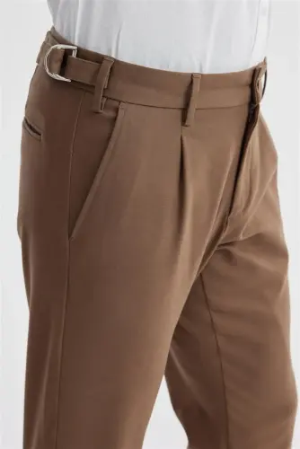 Tan Comfort Fit Double Pleated Buckled Waist Cotton Canvas Trousers - 2