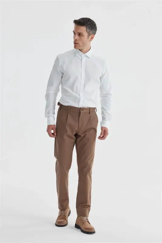 Tan Comfort Fit Double Pleated Buckled Waist Cotton Canvas Trousers - 3