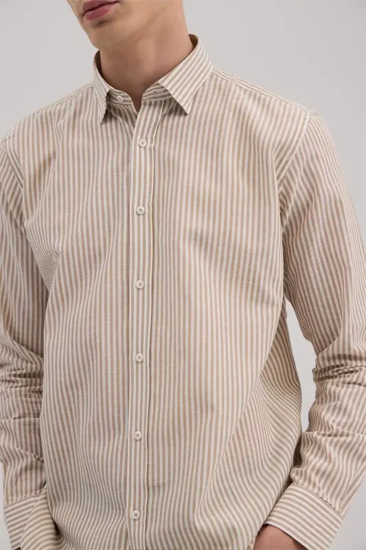 Tan Comfort Fit Linen Blend Striped Shirt - 3