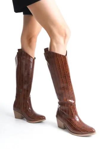 Tan Croco Zippered Western Cowboy Women's Long Below Knee Boots-Tan Croco Long - 2