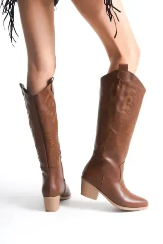 Tan Leather Embroidered Zippered Long Western Women's Cowboy Boot-Tan Long - 1