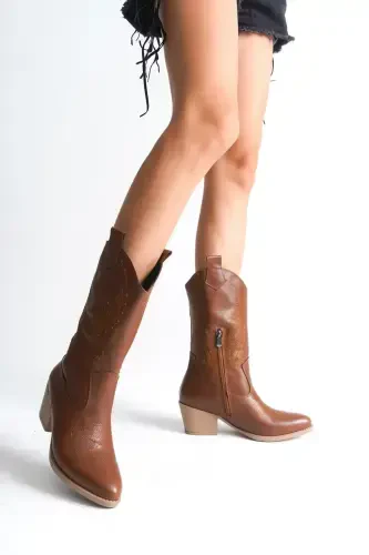 Tan Leather Embroidered Zippered Western Cowboy Women's Boot-Tan Leather Tan - 1