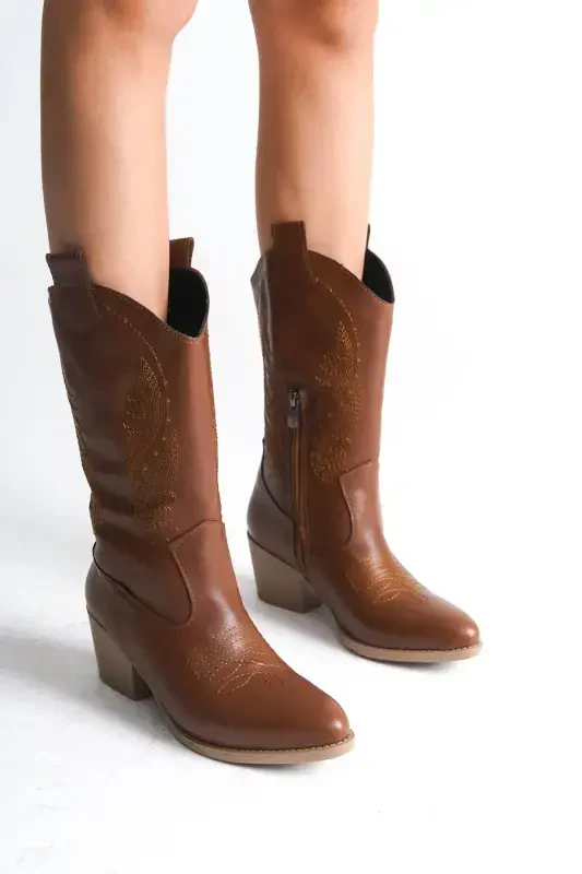 Tan Leather Embroidered Zippered Western Cowboy Women's Boot-Tan Leather Tan - 2