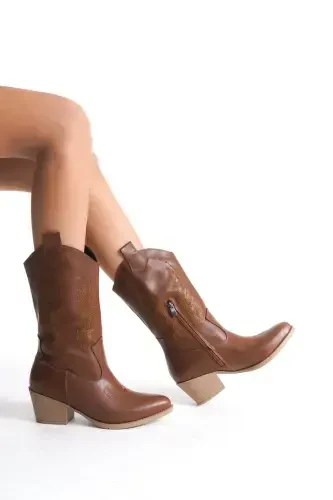 Tan Leather Embroidered Zippered Western Cowboy Women's Boot-Tan Leather Tan - 3