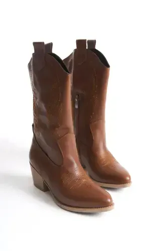 Tan Leather Embroidered Zippered Western Cowboy Women's Boot-Tan Leather Tan - 4