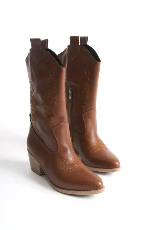 Tan Leather Embroidered Zippered Western Cowboy Women's Boot-Tan Leather Tan - 4