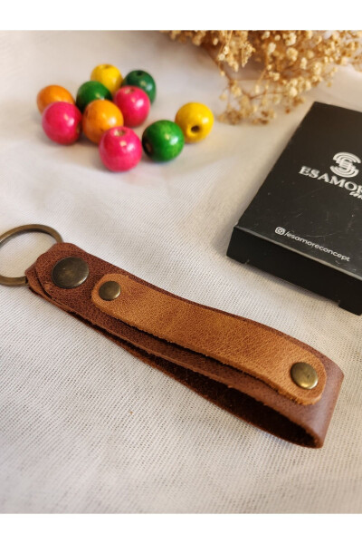 Tan Leather Keychain with Camel Leather Detail, Accessory, Snap-Open Father's Day Gift - 1