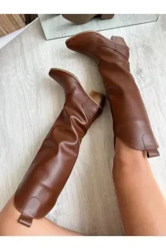 Tan Leather Western Style Below Knee High Women's Boot-TAN - 3