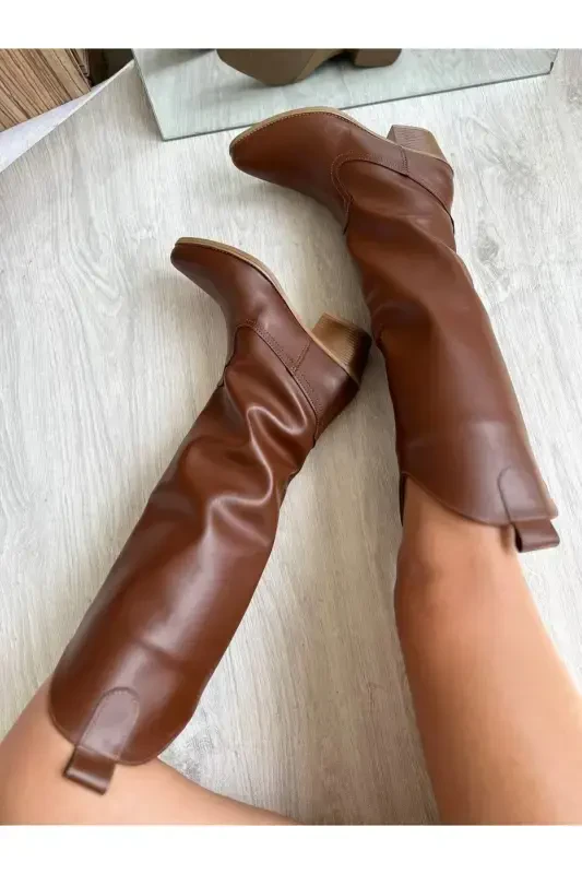 Tan Leather Western Style Below Knee High Women's Boot-TAN - 3