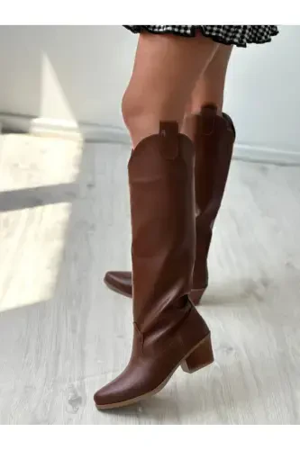 Tan Leather Western Style Below Knee High Women's Boot-TAN - 4
