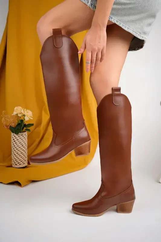 Tan Leather Western Style Below Knee High Women's Boot-TAN - 5