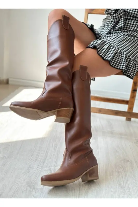 Tan Leather Western Style Below Knee High Women's Boot-TAN - 2
