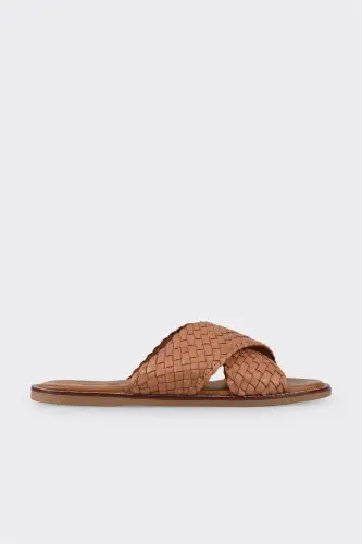 Tan Leather Women's Flat Sandal-Tan - 1