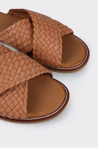 Tan Leather Women's Flat Sandal-Tan - 5