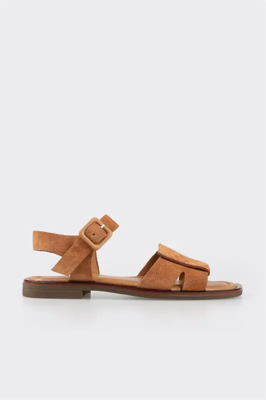 Tan Leather Women's Flat Sandal-Tan - ELLE SHOES