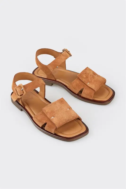 Tan Leather Women's Flat Sandal-Tan - 2