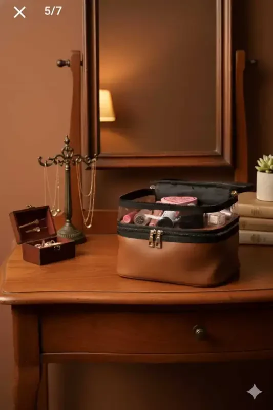 Tan Leather Women's Makeup Bag Transparent Practical Stylish Double Compartment Zippered Cosmetic Makeup Organizer - 4