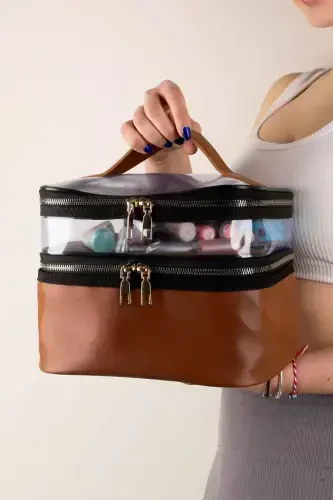 Tan Leather Women's Makeup Bag Transparent Practical Stylish Double Compartment Zippered Cosmetic Makeup Organizer - 5