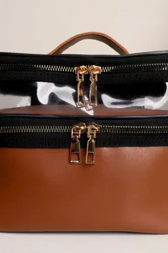 Tan Leather Women's Makeup Bag Transparent Practical Stylish Double Compartment Zippered Cosmetic Makeup Organizer - 6