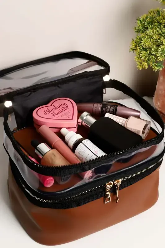 Tan Leather Women's Makeup Bag Transparent Practical Stylish Double Compartment Zippered Cosmetic Makeup Organizer - 7