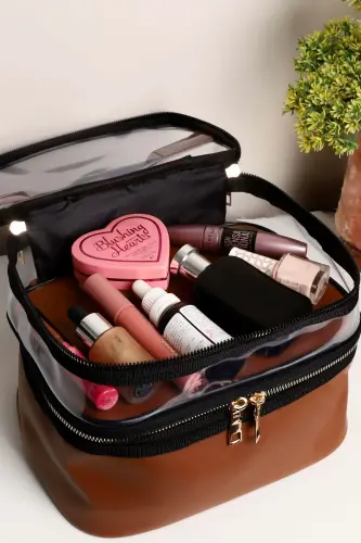 Tan Leather Women's Makeup Bag Transparent Practical Stylish Double Compartment Zippered Cosmetic Makeup Organizer - 7