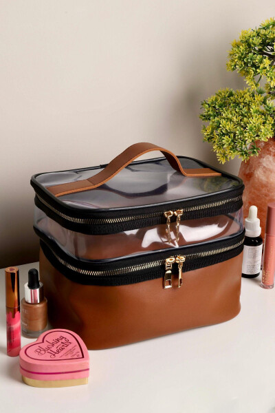 Tan Leather Women's Makeup Bag Transparent Practical Stylish Double Compartment Zippered Cosmetic Makeup Organizer - 1